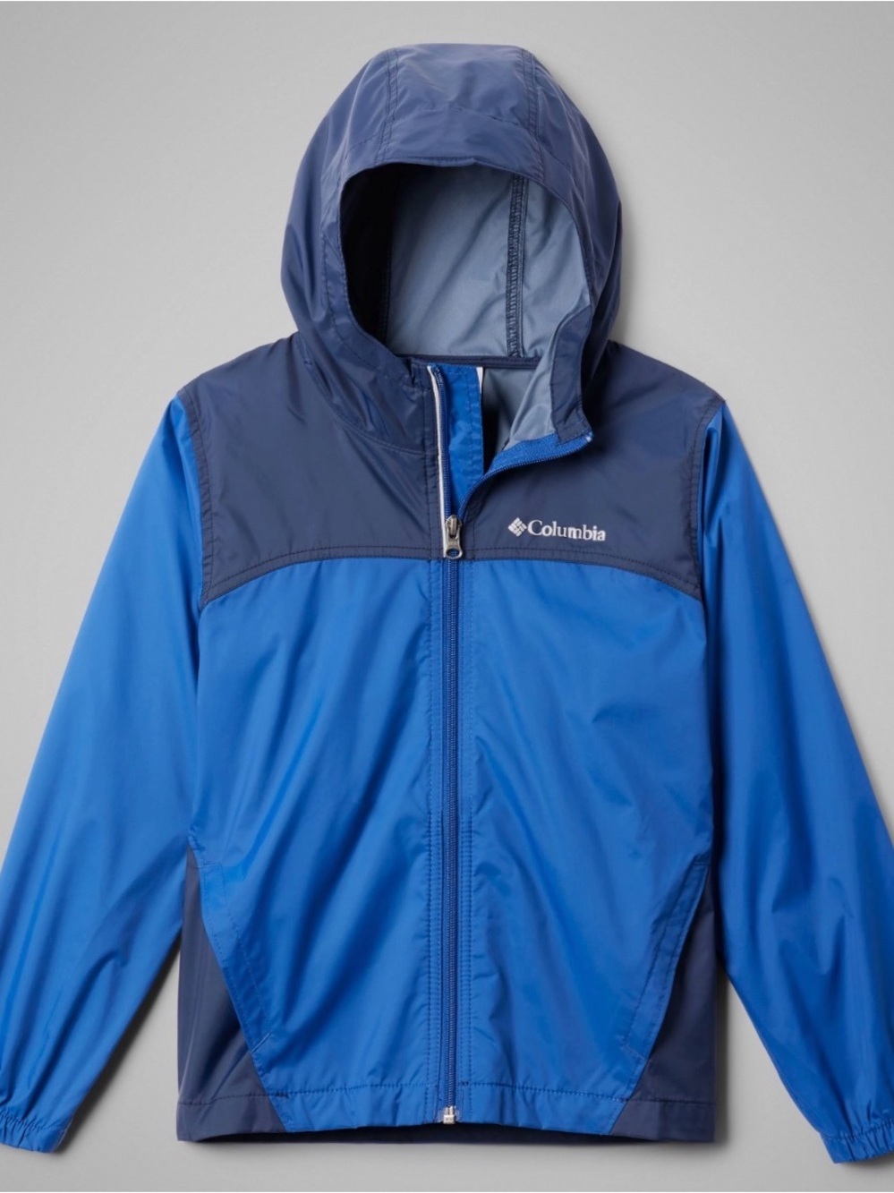 Columbia Blue and Navy Hooded Kids Rain Jacket